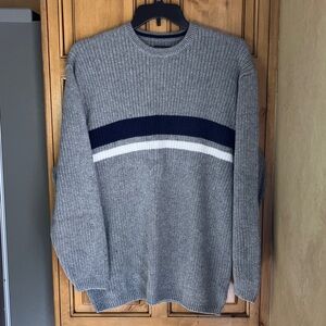 Cherokee Grey Crewneck Sweater with Navy and White Chest Stripes